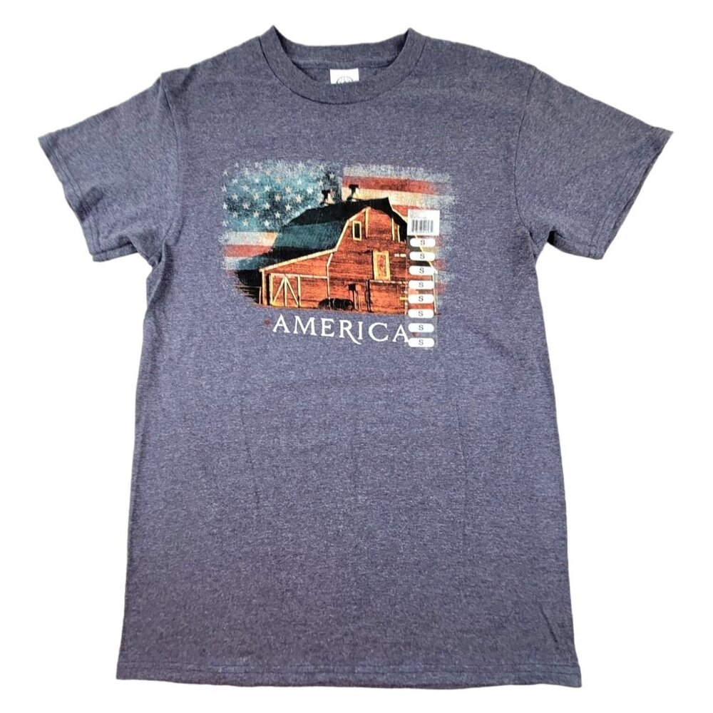 Mens America T-Shirt Patriotic Red Barn and Flag Tee Denim Heather Gray Size Sma